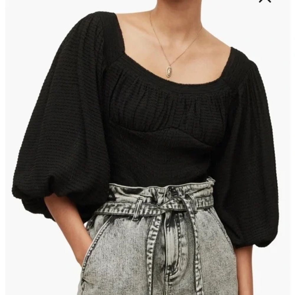 All Saints Tia Textured Puff Sleeve Cropped Top Black Size 6